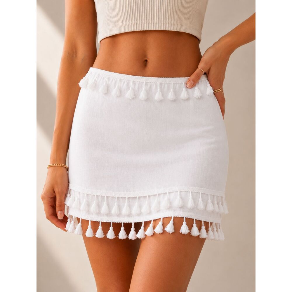 White Tassel Trim Linen Blend Boho Mini Skirt XL Beach Cottagecore Festival